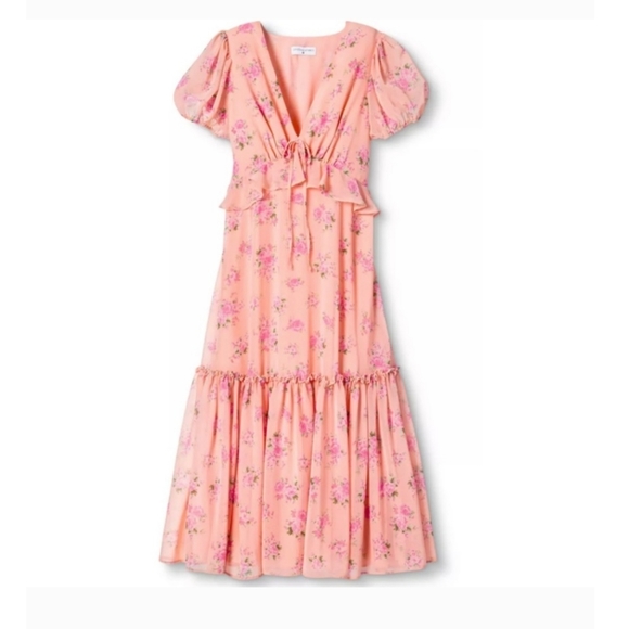 LoveShackFancy Pink Floral Ruffle Midi Dress Size 8 - Picture 2 of 12